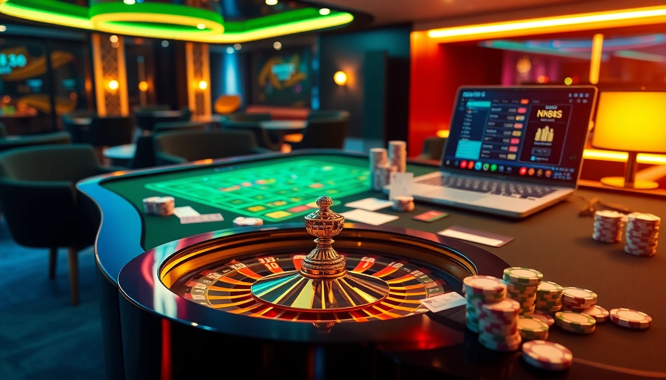 Experience the excitement of gambling with NK88S in a luxurious online casino setting featuring vibrant games.