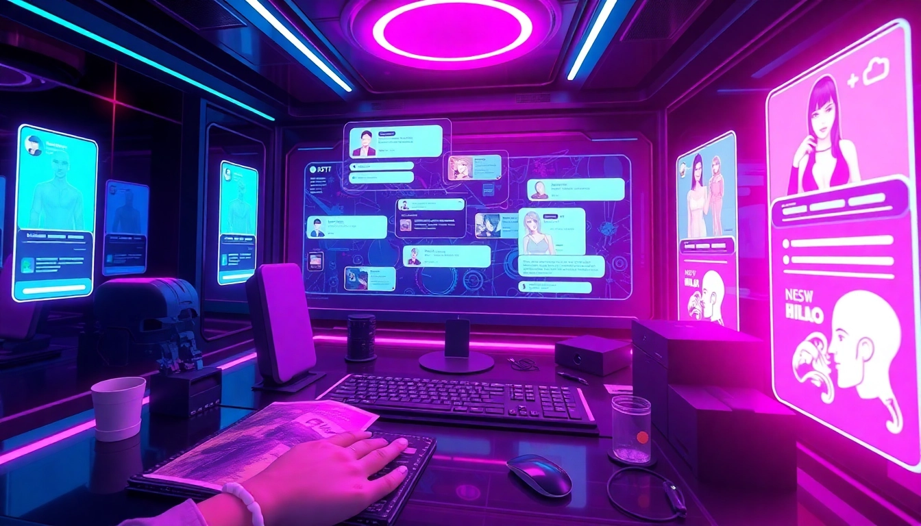 Exciting futuristic NSFW chat bot interface with vibrant colors and holographic screens