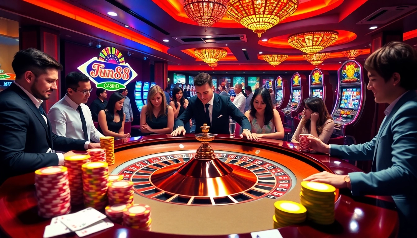 Experience excitement at trang chủ jun88 with players enjoying games at a vibrant casino.