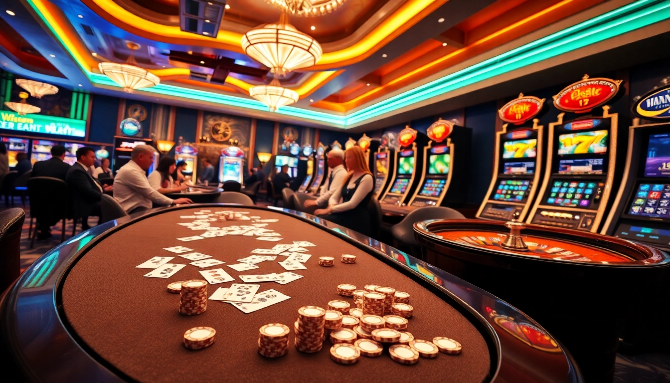 A vibrant casino scene with excited players at a poker table, showcasing the allure of https://s666hn.com/.