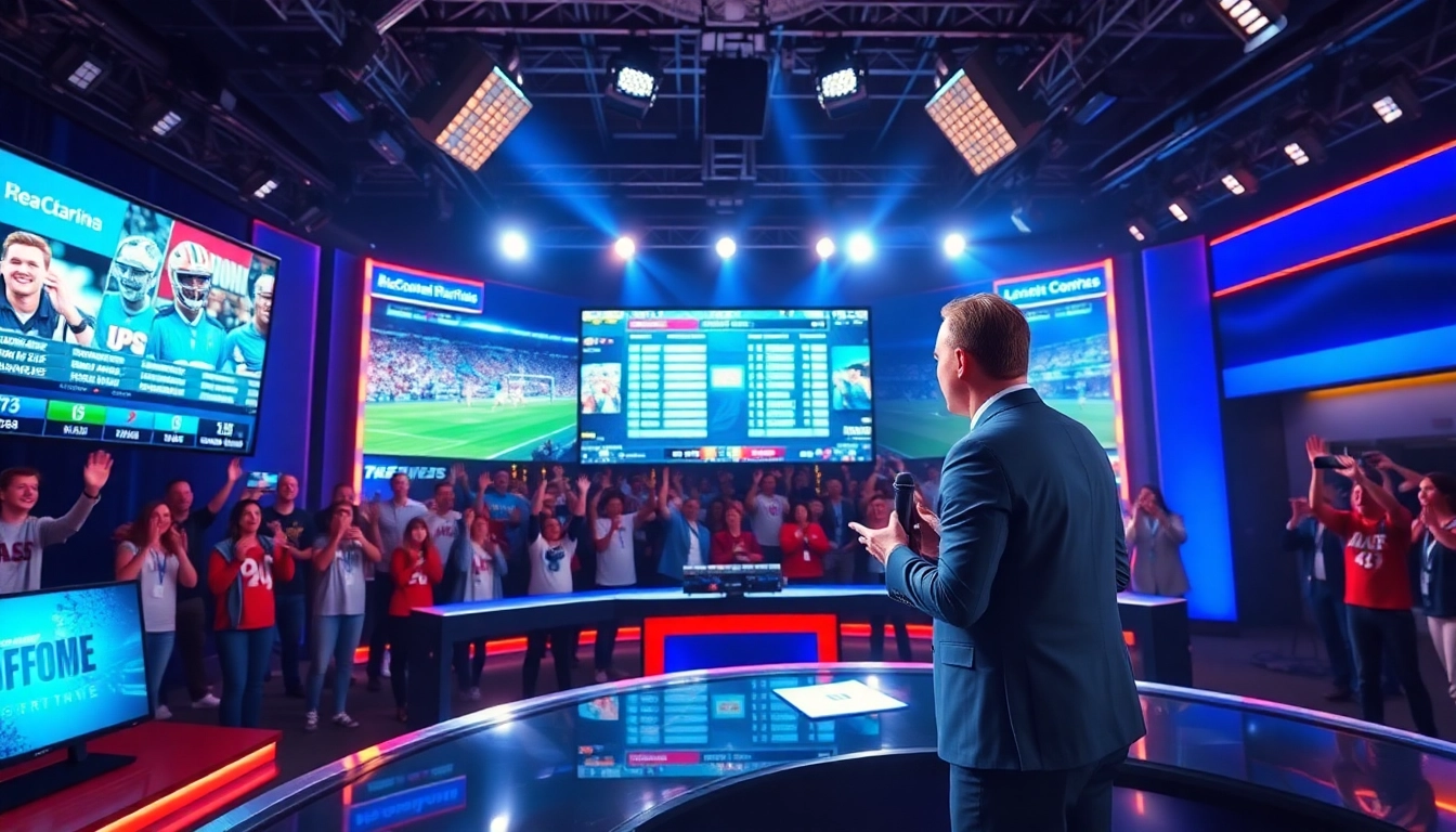 Sports Broadcasting host in a dynamic studio, highlighting real-time scores and excitement.