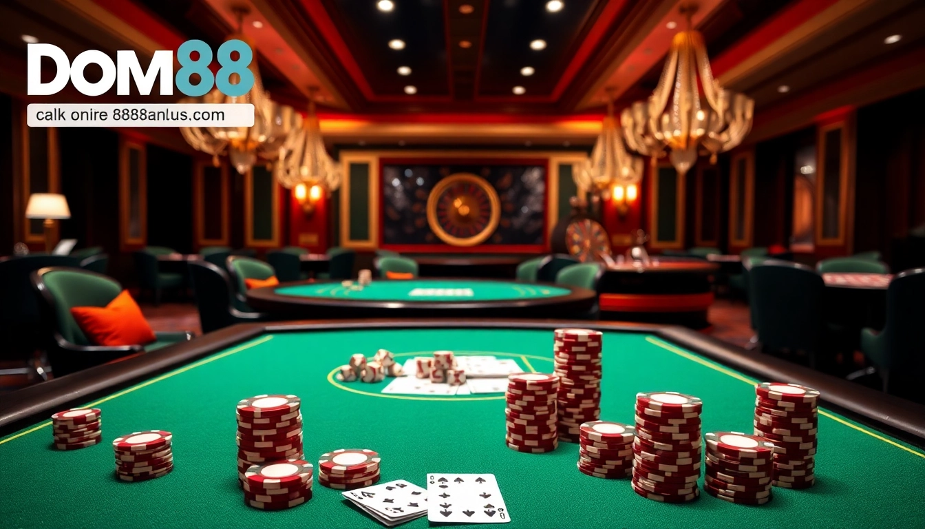 Experience thrilling gameplay at dom88.us.com with luxurious casino settings including poker tables and roulette wheels.