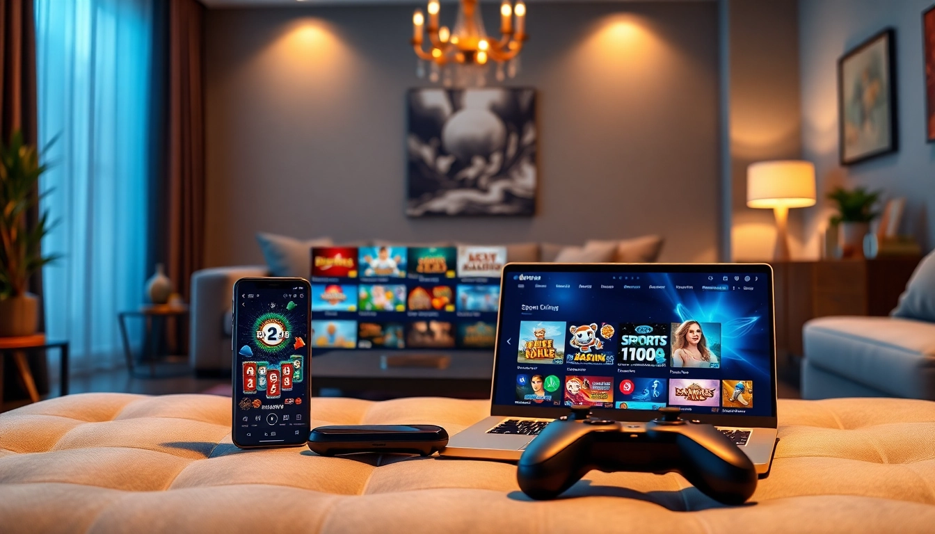 Engaging online gaming interface at hello88win.live on smartphone and laptop in a cozy setting.