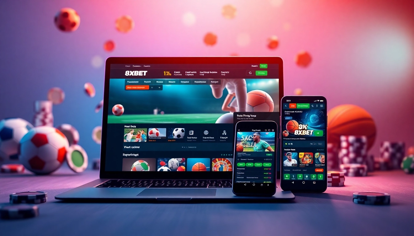 8xbet.com.se online betting platform featuring various sports and casino games, showcasing a laptop and smartphone.