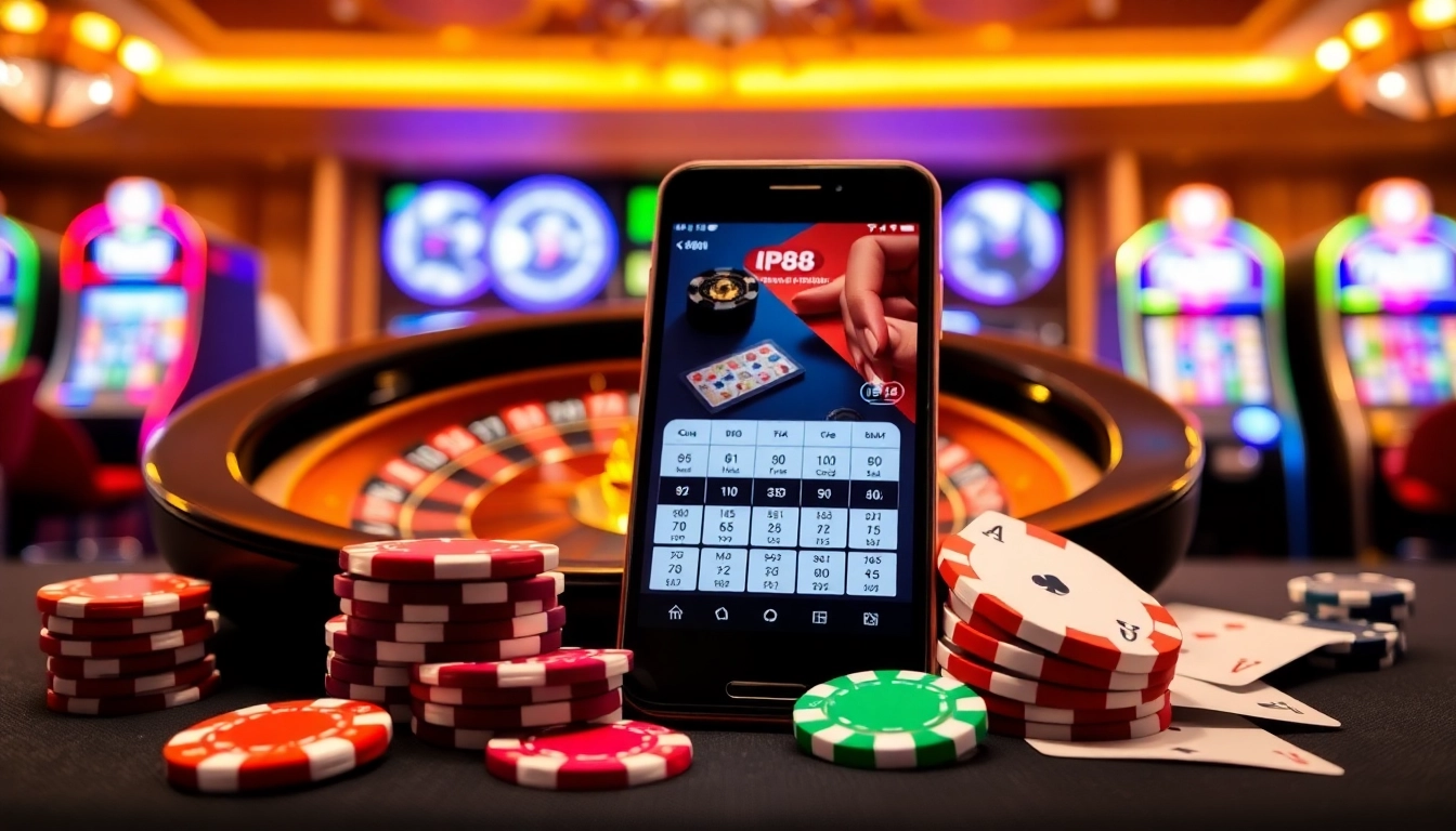 Players enjoying the kp88 app on mobile devices amidst luxury casino elements.